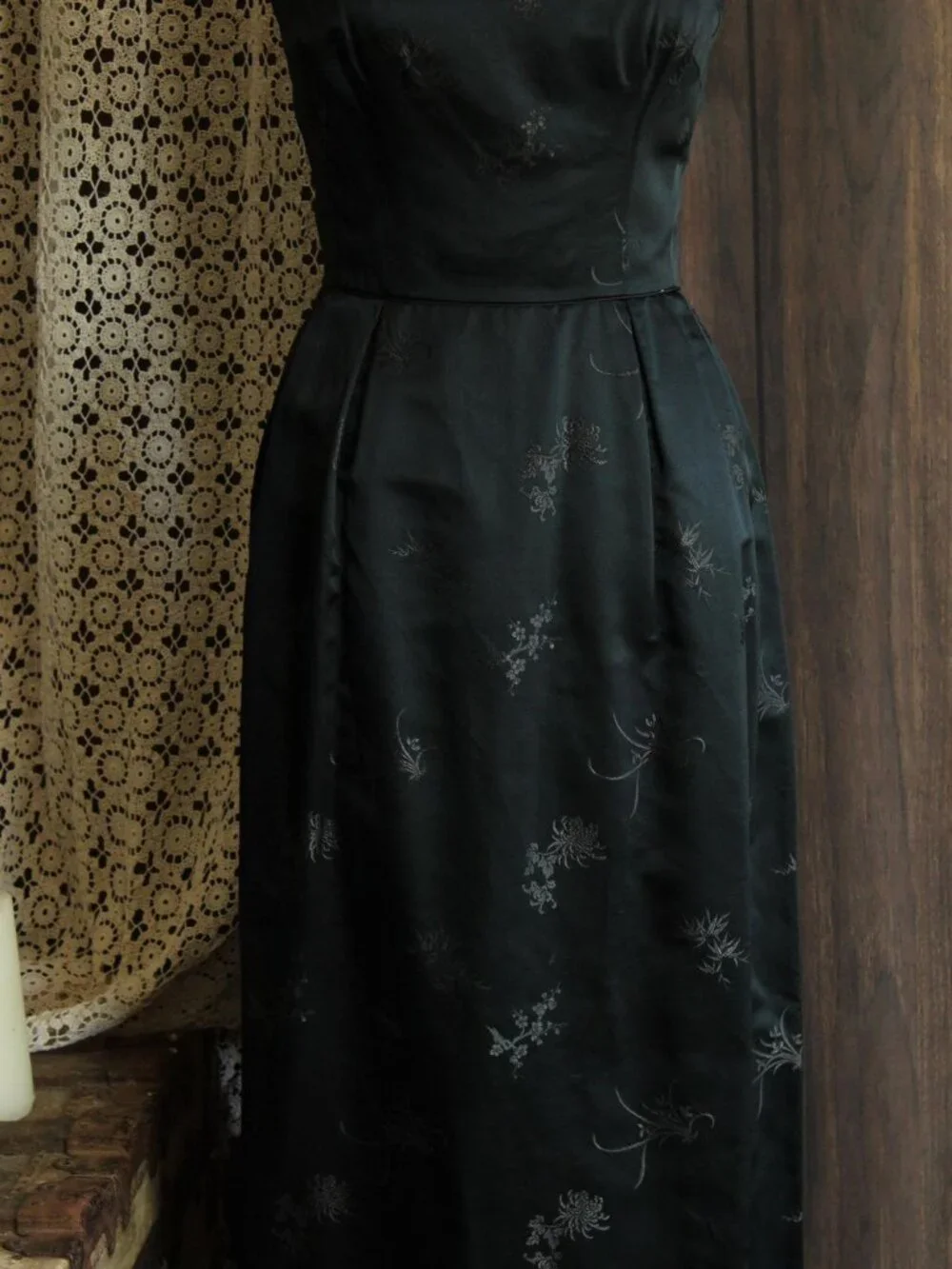 Vintage 1960s Dress, Black Satin Brocade Gown, Portrait Neckline Wiggle Style - Picture 11 of 13